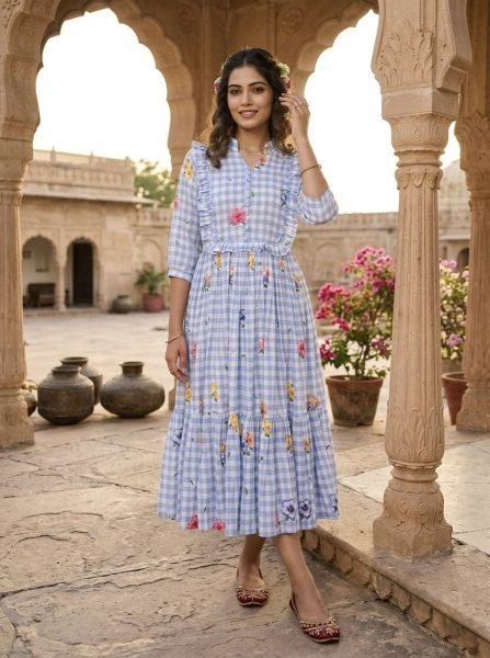 Handcrafted Blue Muslin Silk Kurti with Gingham Print and V Neck Collar Western Ladies Top Wholesale