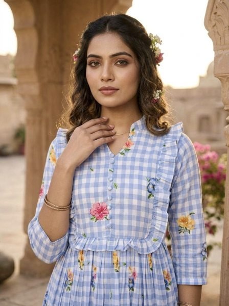 Handcrafted Blue Muslin Silk Kurti with Gingham Print and V Neck Collar Western Ladies Top Wholesale
