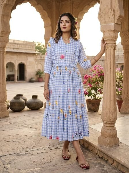 Handcrafted Blue Muslin Silk Kurti with Gingham Print and V Neck Collar Western Ladies Top Wholesale