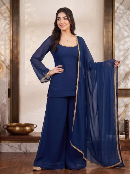 Handcrafted Blue Soft Georgette Palazzo Dress Set with Gold Lace Border Dupatta Kurtis