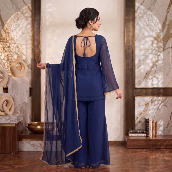 Handcrafted Blue Soft Georgette Palazzo Dress Set with Gold Lace Border Dupatta Georgette Kurti 