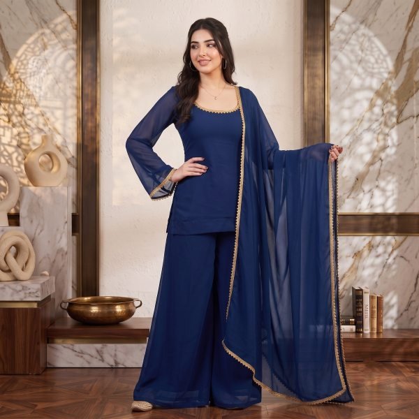 Handcrafted Blue Soft Georgette Palazzo Dress Set with Gold Lace Border Dupatta Georgette Kurti 