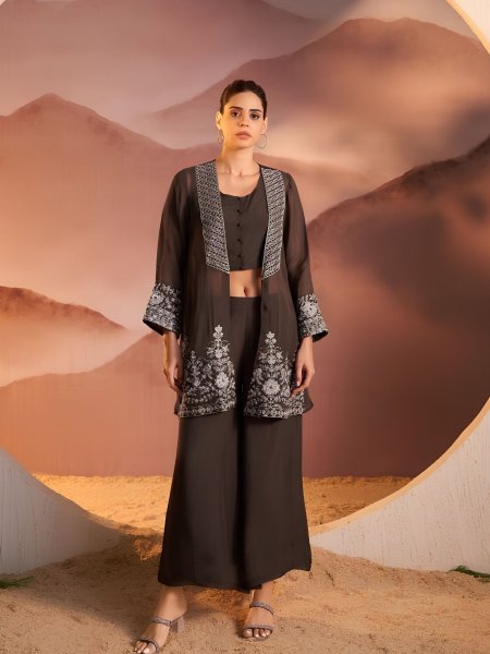 Handcrafted Coffee Pure Organza Top Bottom Set with Cotton Lining And Thread Work 