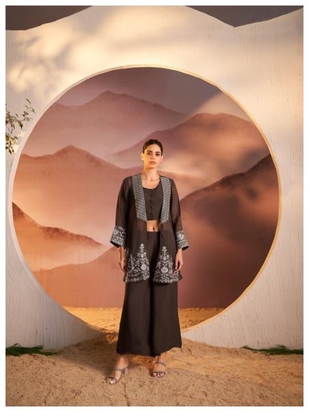 Handcrafted Coffee Pure Organza Top Bottom Set with Cotton Lining And Thread Work Designer Plazzo Salwar Suits Wholesale
