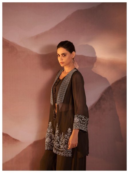 Handcrafted Coffee Pure Organza Top Bottom Set with Cotton Lining And Thread Work Designer Plazzo Salwar Suits Wholesale