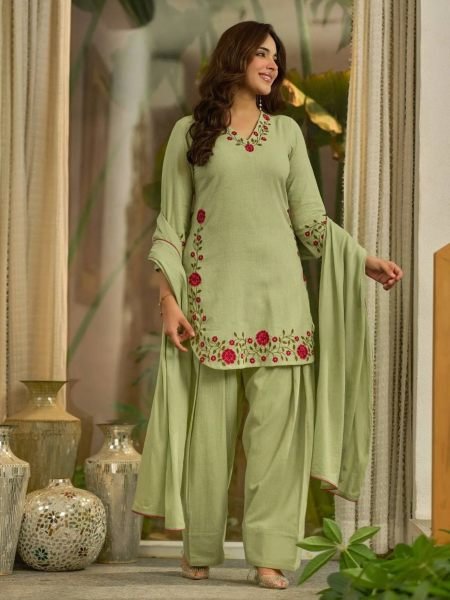 Handcrafted Green Mal Chanderi Cotton Top Farshi Salwar Dupatta Set For Festival Ready To Wear Suit