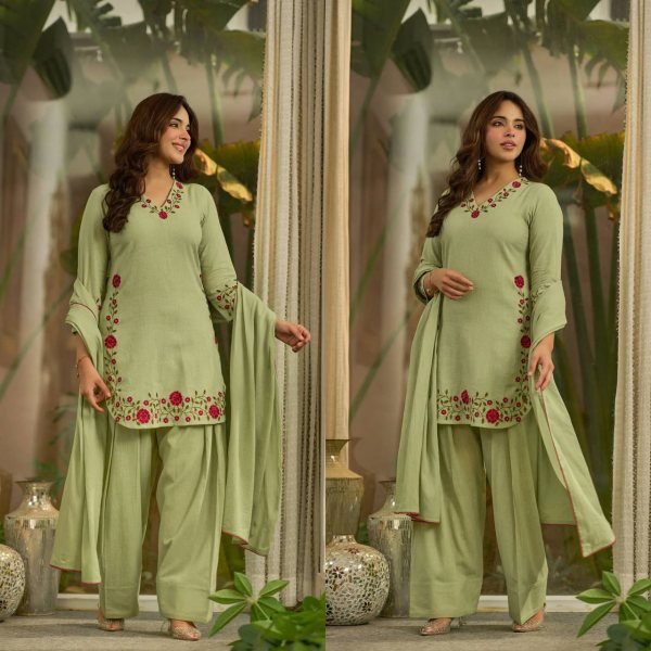 Handcrafted Green Mal Chanderi Cotton Top Farshi Salwar Dupatta Set For Festival Ready To Wear Collection