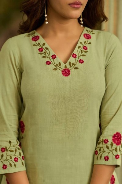 Handcrafted Green Mal Chanderi Cotton Top Farshi Salwar Dupatta Set For Festival Ready To Wear Collection