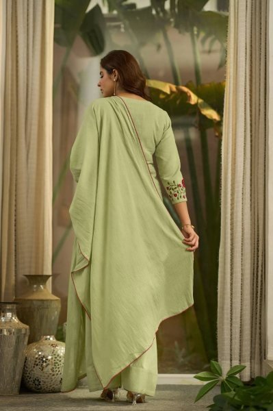 Handcrafted Green Mal Chanderi Cotton Top Farshi Salwar Dupatta Set For Festival Ready To Wear Collection