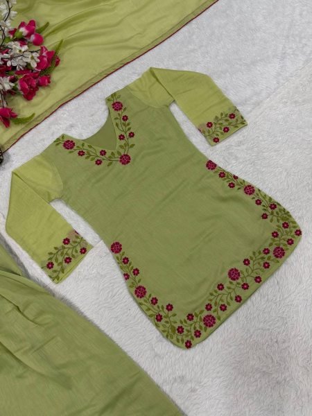 Handcrafted Green Mal Chanderi Cotton Top Farshi Salwar Dupatta Set For Festival Ready To Wear Collection