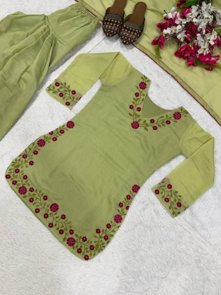 Handcrafted Green Mal Chanderi Cotton Top Farshi Salwar Dupatta Set For Festival Ready To Wear Collection