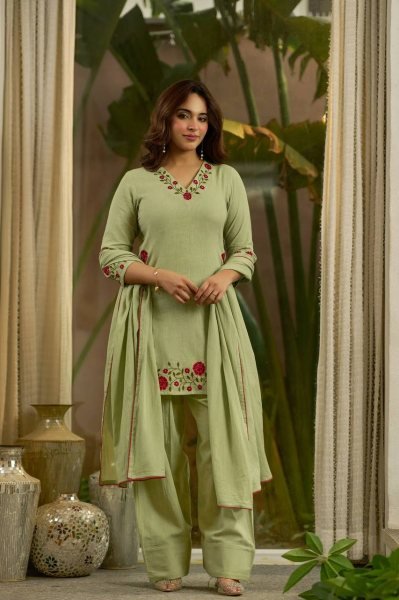 Handcrafted Green Mal Chanderi Cotton Top Farshi Salwar Dupatta Set For Festival Ready To Wear Collection