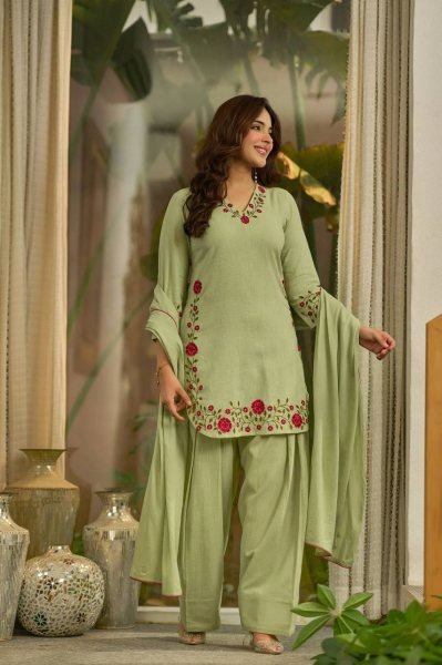 Handcrafted Green Mal Chanderi Cotton Top Farshi Salwar Dupatta Set For Festival Ready To Wear Collection