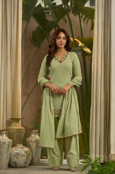 Handcrafted Green Mal Chanderi Cotton Top Farshi Salwar Dupatta Set For Festival Ready To Wear Collection