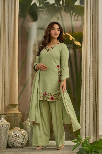 Handcrafted Green Mal Chanderi Cotton Top Farshi Salwar Dupatta Set For Festival Ready To Wear Collection