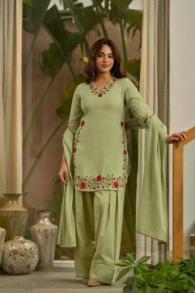 Handcrafted Green Mal Chanderi Cotton Top Farshi Salwar Dupatta Set For Festival Ready To Wear Collection