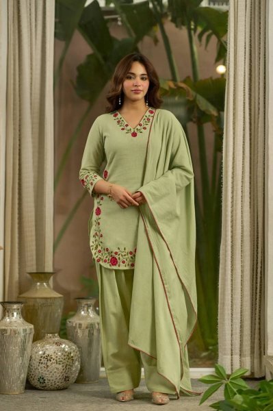 Handcrafted Green Mal Chanderi Cotton Top Farshi Salwar Dupatta Set For Festival Ready To Wear Collection