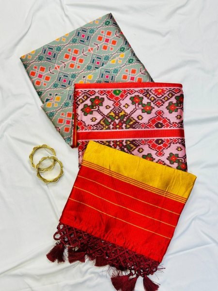 Handcrafted Green Patola Silk Saree with Double Ikkat Print and Heavy Decorative Tassels Patola Silk Sarees Wholesale