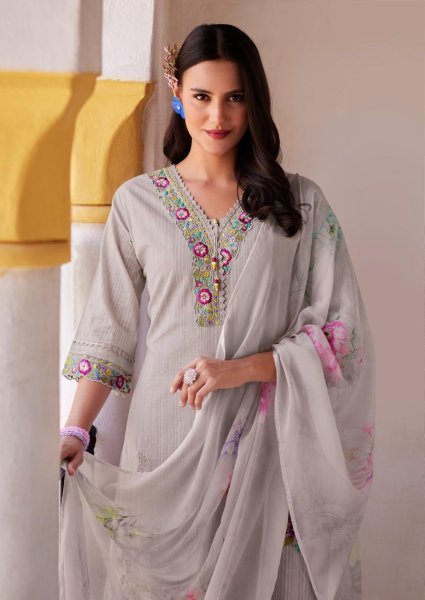 Handcrafted Grey Pure Cotton Suit Set with Fully Stitched Pant and Organza Printed Dupatta Pakistani Suits Wholesale