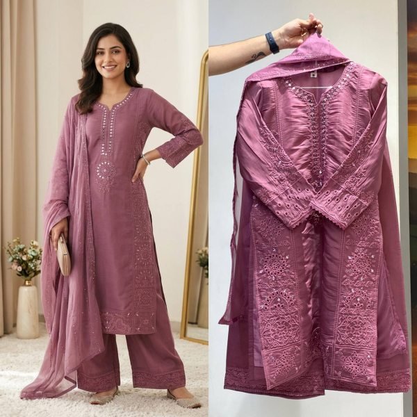 Handcrafted Mirror Work Kurti Set with Embroidered Organza Dupatta Ready To Wear Collection