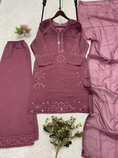 Handcrafted Mirror Work Kurti Set with Embroidered Organza Dupatta Ready To Wear Collection