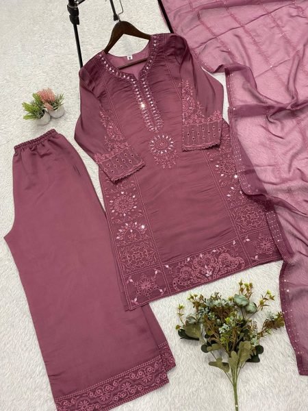 Handcrafted Mirror Work Kurti Set with Embroidered Organza Dupatta Ready To Wear Collection