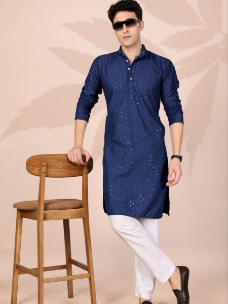 Handcrafted Navy Blue New Arrival Cotton Embroidery Kurta for Men at Wholesale Price 