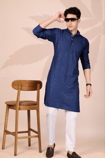 Handcrafted Navy Blue New Arrival Cotton Embroidery Kurta for Men at Wholesale Price Kurta Pajama Wholesale