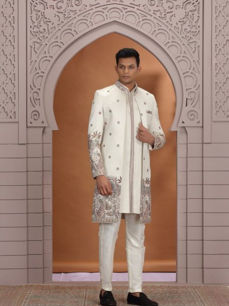 Handcrafted Off White Designer Wedding Wear Suit Kurta Pajama Set with Heavy Embroidery Detailing Mens Wear