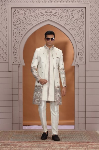 Handcrafted Off White Designer Wedding Wear Suit Kurta Pajama Set with Heavy Embroidery Detailing Kurta Pajama Wholesale