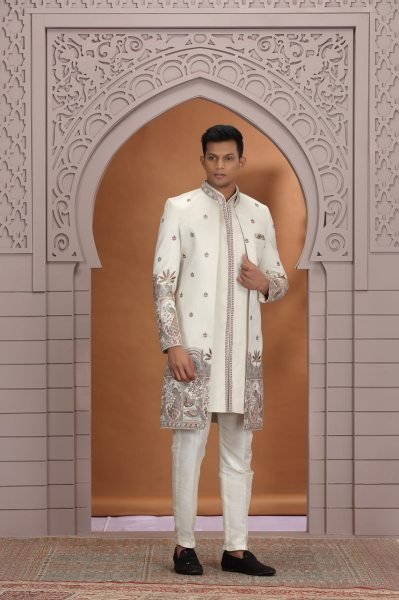 Handcrafted Off White Designer Wedding Wear Suit Kurta Pajama Set with Heavy Embroidery Detailing Kurta Pajama Wholesale