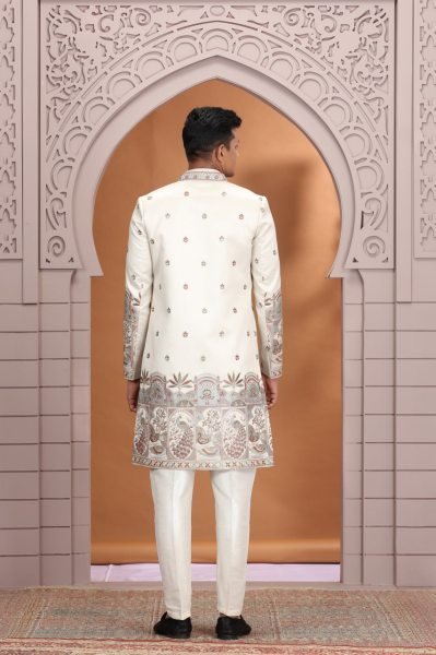 Handcrafted Off White Designer Wedding Wear Suit Kurta Pajama Set with Heavy Embroidery Detailing Kurta Pajama Wholesale