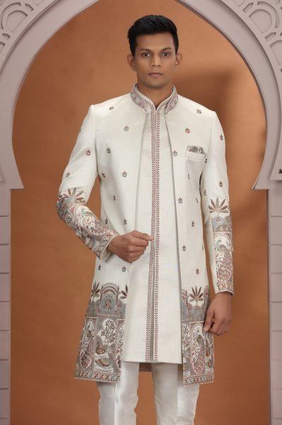 Handcrafted Off White Designer Wedding Wear Suit Kurta Pajama Set with Heavy Embroidery Detailing Kurta Pajama Wholesale