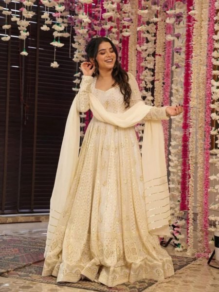 Handcrafted Off White Faux Blooming Anarkali Suit with Zari Embroidery 