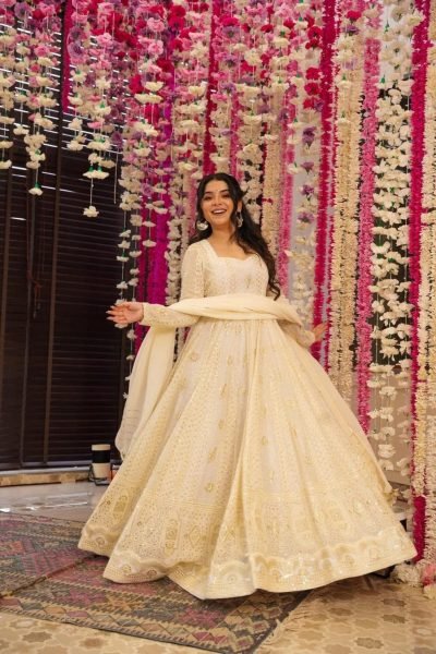 Handcrafted Off White Faux Blooming Anarkali Suit with Zari Embroidery Ready To Wear Collection