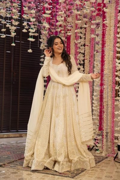 Handcrafted Off White Faux Blooming Anarkali Suit with Zari Embroidery Ready To Wear Collection