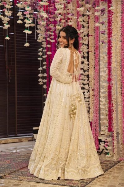 Handcrafted Off White Faux Blooming Anarkali Suit with Zari Embroidery Ready To Wear Collection