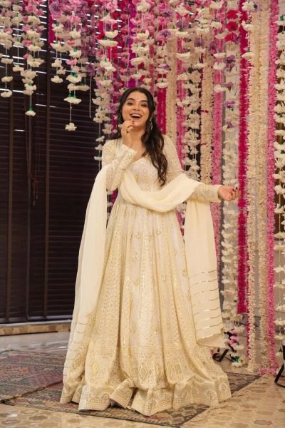 Handcrafted Off White Faux Blooming Anarkali Suit with Zari Embroidery Ready To Wear Collection
