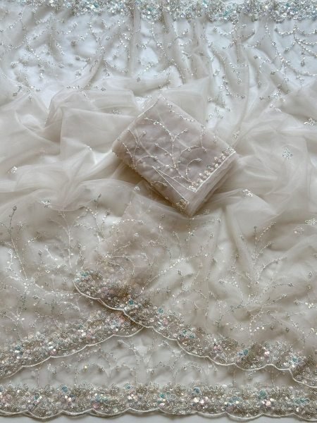 Handcrafted Off White Soft Net Saree with Sequins Beads Embroidery and Net Blouse Sarees 