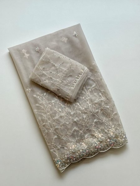 Handcrafted Off White Soft Net Saree with Sequins Beads Embroidery and Net Blouse Embroidery Sarees Wholesale