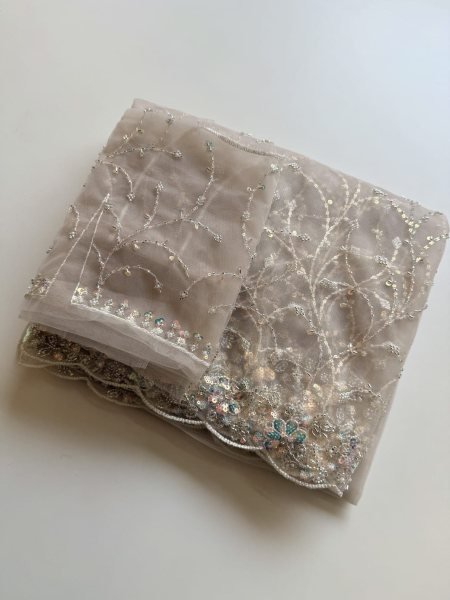 Handcrafted Off White Soft Net Saree with Sequins Beads Embroidery and Net Blouse Embroidery Sarees Wholesale