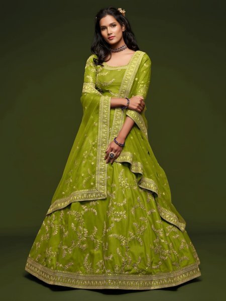 Handcrafted Parrot Green Elegant Party Wear Lehenga Set with Sequins and Dori Work
