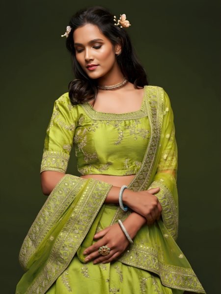 Handcrafted Parrot Green Elegant Party Wear Lehenga Set with Sequins and Dori Work Bridal Lehenga Choli