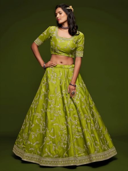 Handcrafted Parrot Green Elegant Party Wear Lehenga Set with Sequins and Dori Work Bridal Lehenga Choli