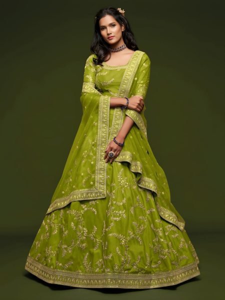 Handcrafted Parrot Green Elegant Party Wear Lehenga Set with Sequins and Dori Work Bridal Lehenga Choli