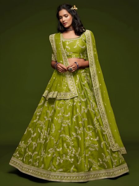 Handcrafted Parrot Green Elegant Party Wear Lehenga Set with Sequins and Dori Work Bridal Lehenga Choli