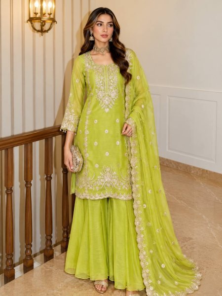 Handcrafted Parrot Green Shalsa Crash Embroidery Sequins Sharara Suit Set for Festival Ready To Wear Collection