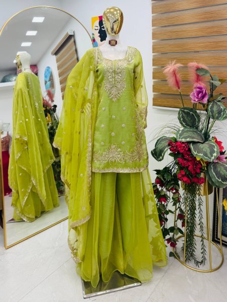 Handcrafted Parrot Green Shalsa Crash Embroidery Sequins Sharara Suit Set for Festival Ready To Wear Collection