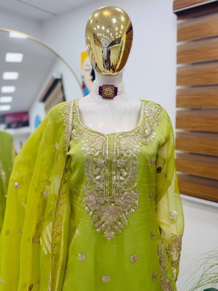 Handcrafted Parrot Green Shalsa Crash Embroidery Sequins Sharara Suit Set for Festival Ready To Wear Collection