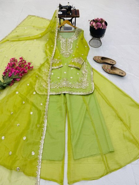 Handcrafted Parrot Green Shalsa Crash Embroidery Sequins Sharara Suit Set for Festival Ready To Wear Collection